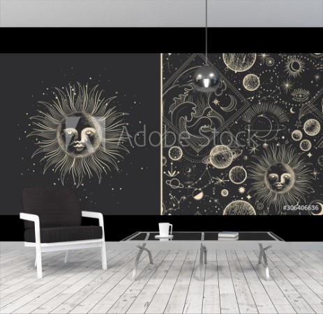 Bild på Vector illustration set of moon phases Different stages of moonlight activity in vintage engraving style Zodiac Signs
